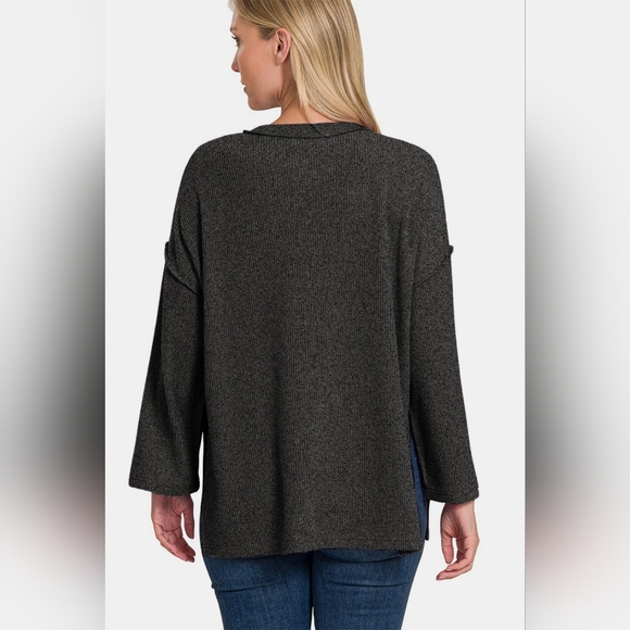 Zenana Full Size Ribbed Half Button Slit Knit Top - Picture 3 of 4